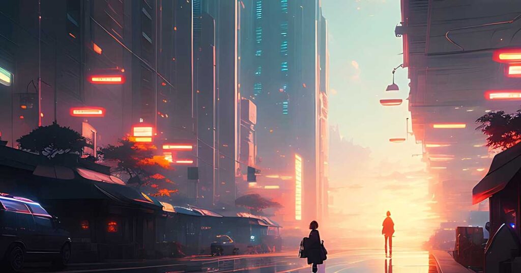 Futuristic urban cityscape at sunset, featuring glowing neon signs and silhouettes of two individuals walking on a reflective street, evoking themes of technology and modern storytelling.