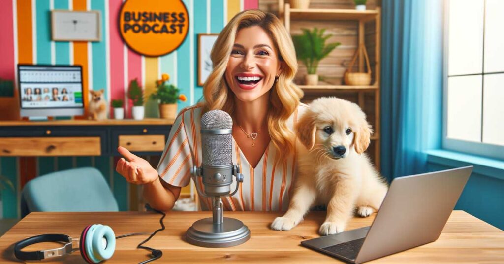 Image of a smiling woman podcasting at her desk with a microphone and laptop, accompanied by a playful puppy, in a colorful and cozy workspace with a 'Business Podcast' sign in the background.