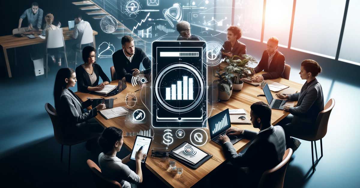 Image of a business team collaborating around a conference table, with a digital overlay of graphs, icons, and a mobile device displaying analytics, symbolizing strategies to boost blog traffic.