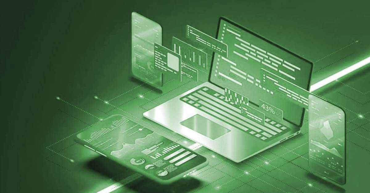 Illustration of a futuristic laptop and smartphone surrounded by digital screens displaying data and analytics, all in a green-toned theme, symbolizing boosting business with technology.