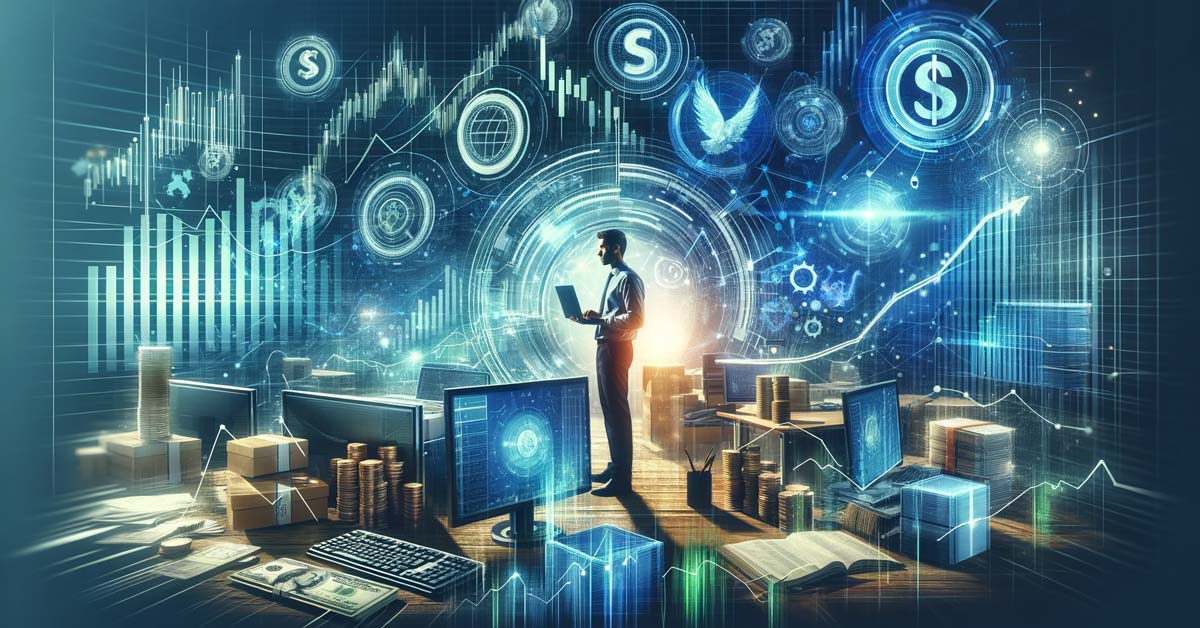 Illustration of a professional standing with a laptop amidst digital charts, graphs, and financial icons, representing navigating economic uncertainty with data-driven insights.