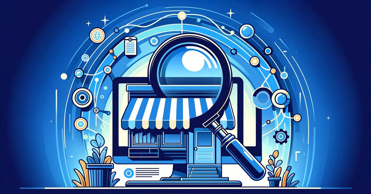Illustration of a storefront on a computer screen magnified by a large lens, surrounded by icons and elements representing data and search engine marketing concepts on a vibrant blue background.