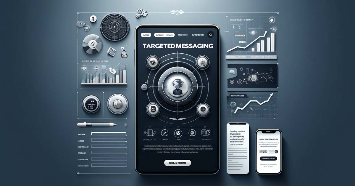 Illustration of a mobile device displaying a 'Targeted Messaging' landing page surrounded by graphs, charts, and UI elements, representing the components of a well-designed landing page.